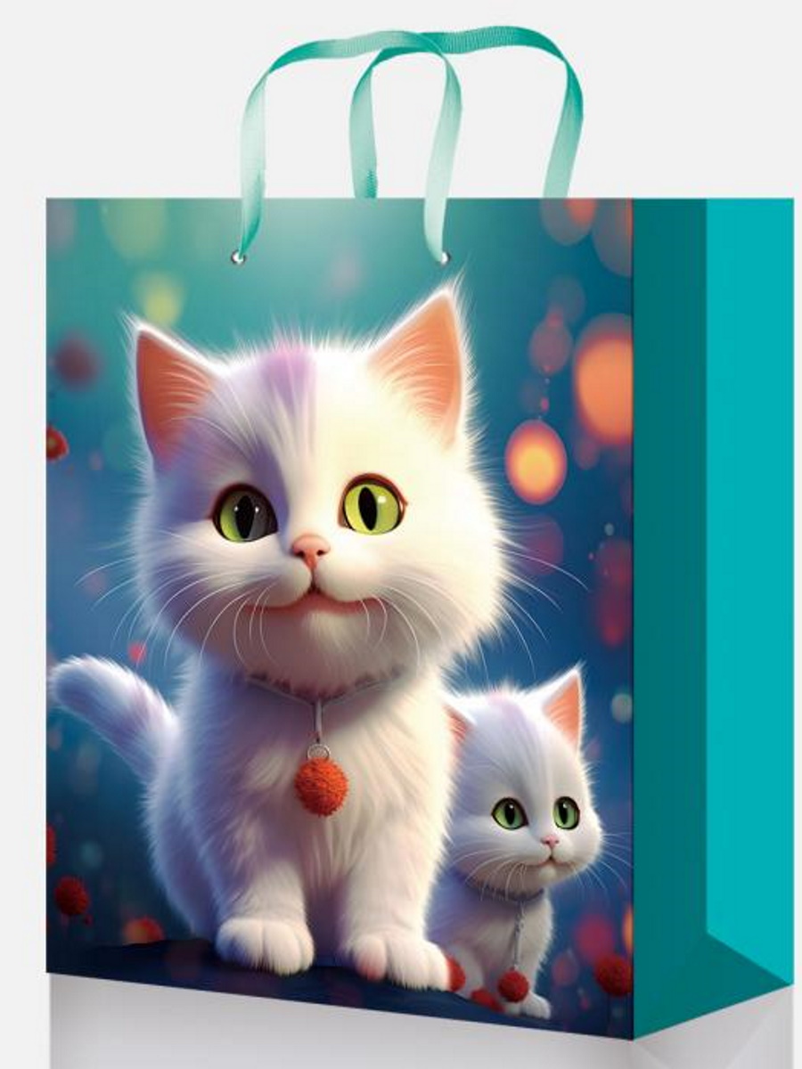 Пакет подарочный 26,4х32,7х8 см (L) Белый котик с помпоном, ПКП-0375