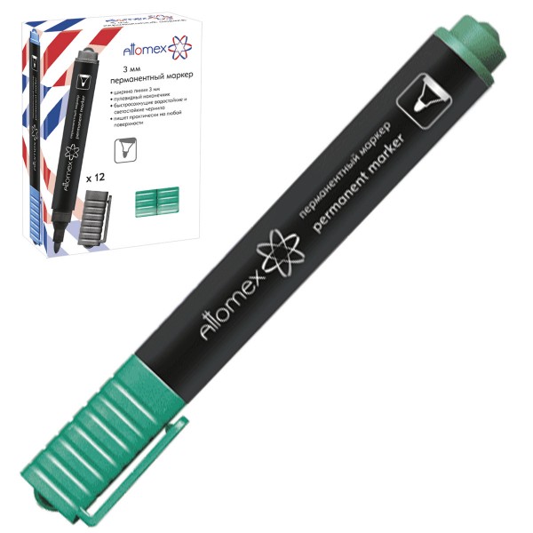 Маркер перманентный Attomex зеленый, 3 мм., пулевидный наконечник, круглый корпус 5043503
