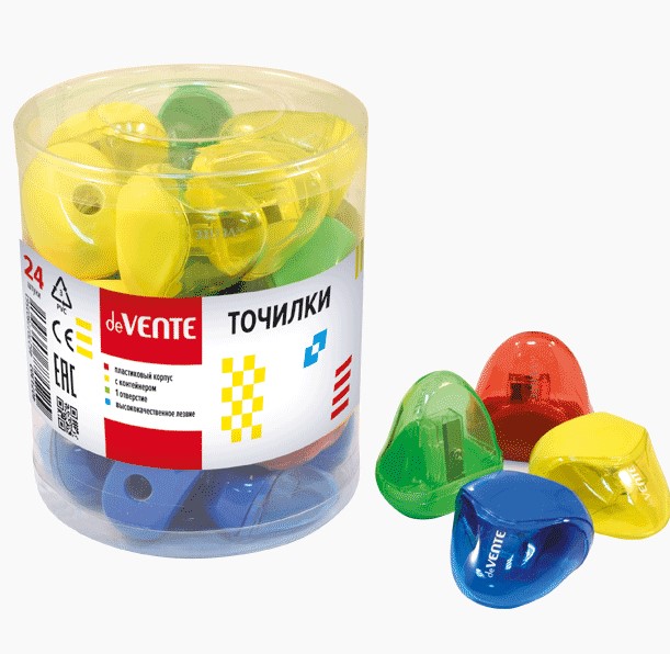 Точилка для карандашей 'deVENTE' 1 отверстие, с контейнером, пластмассовая, ассорти, 4071302