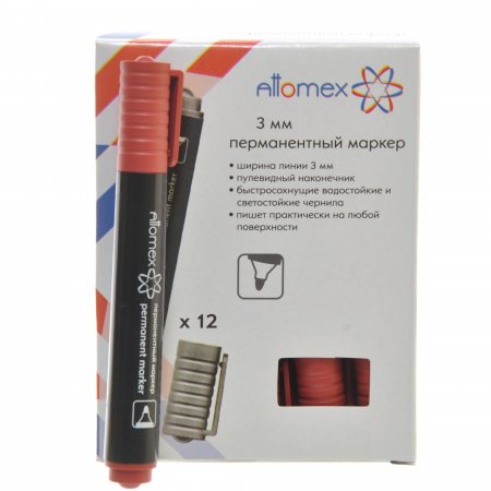 Маркер перманентный Attomex красный, 3 мм, пулевидный наконечник, круглый корпус, 5043502