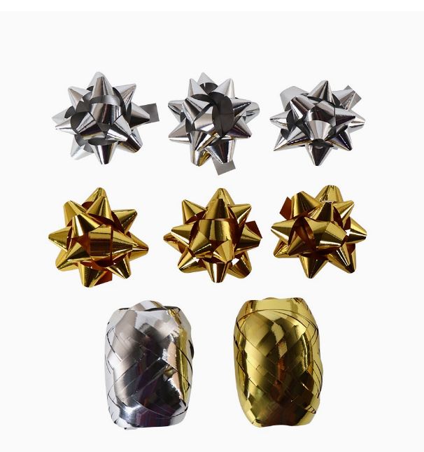 Набор для оформления подарков Золото и серебро матовый, 6 бантов + 2 ленты 5 мм х 10 м, БЛ-0385