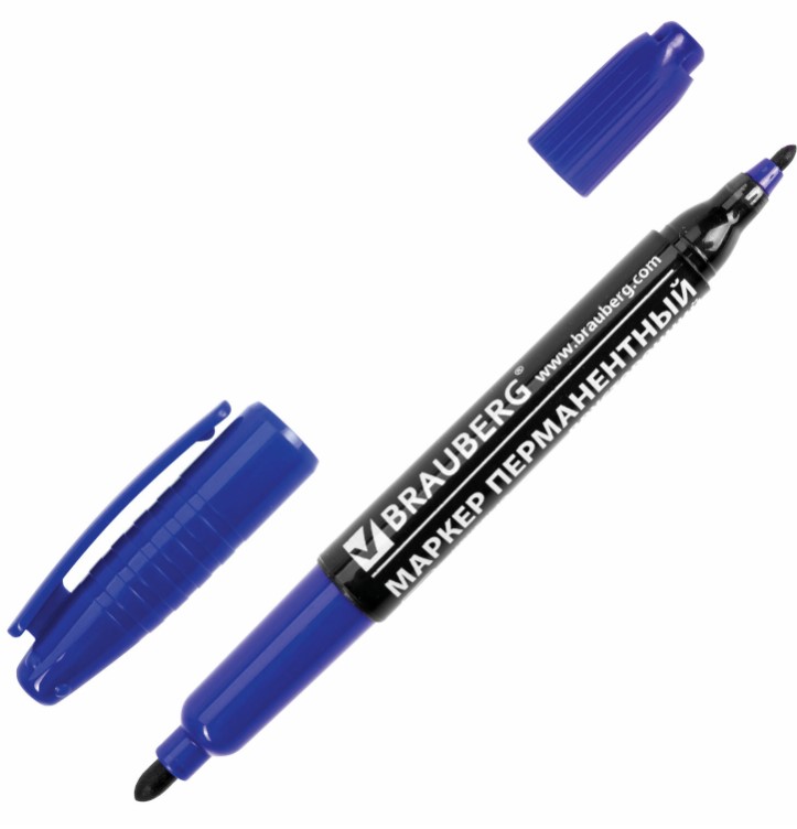 Маркер перманентный двусторонний BRAUBERG, СИНИЙ, круглый наконечник, 2;4 мм, 150837