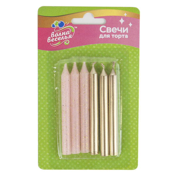 Свечи Золото;Розовый, Металлик, с блестками, 0,8х8 см, 6 шт, 620186GP